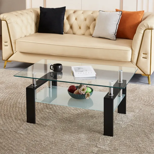 MEUNIQ Salontafel 100 x 60 x 44 cm – transparant gehard glazen tafelblad, twee lagen met glazen onderblad en metalen frame voor woonkamer