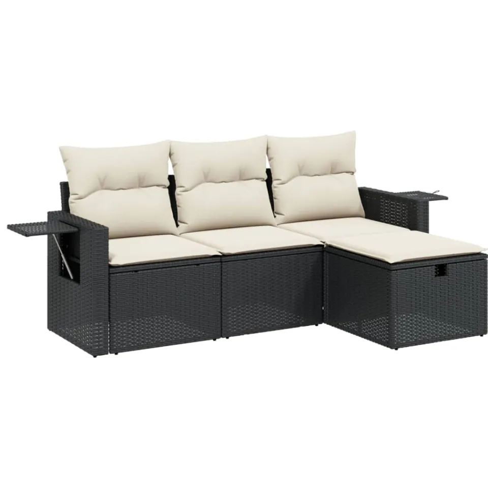 vidaXL 4-delige Loungeset met kussens poly rattan zwart