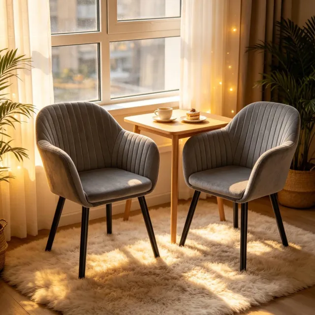 STILVORA Eetkamerstoel - Kuipstoel Met Armleuningen - Set Van 2 - Ergonomisch En Comfortabel - Voor Eetkamer En Ontvangstruimte - Velvet Donkergrijs Zwart