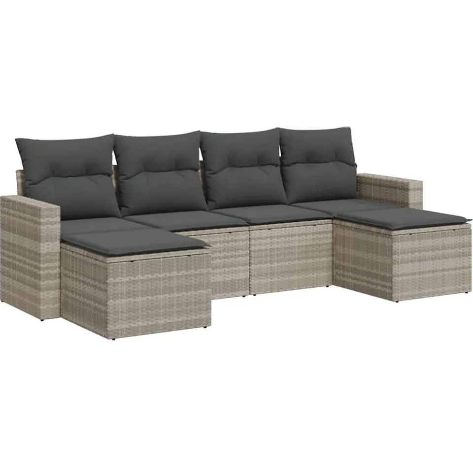 vidaXL 6-delige Loungeset met kussens poly rattan lichtgrijs grijs, foto 3