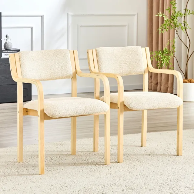 MIVRAY Eetkamerstoel Set Van 2 - Gebogen Houten Armleuningen - Scandinavisch Design - Stof En Hout - Wit En Naturel