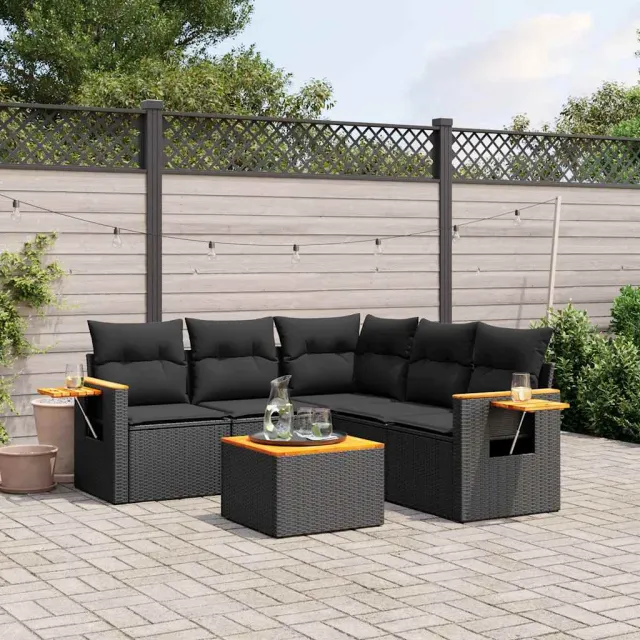 vidaXL 6-delige Loungeset met kussens poly rattan zwart, foto 2