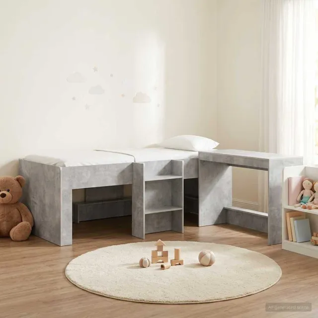 vidaXL Hoge Bed Frame met Bureau voor Kinderen 2 st Betongrijs
