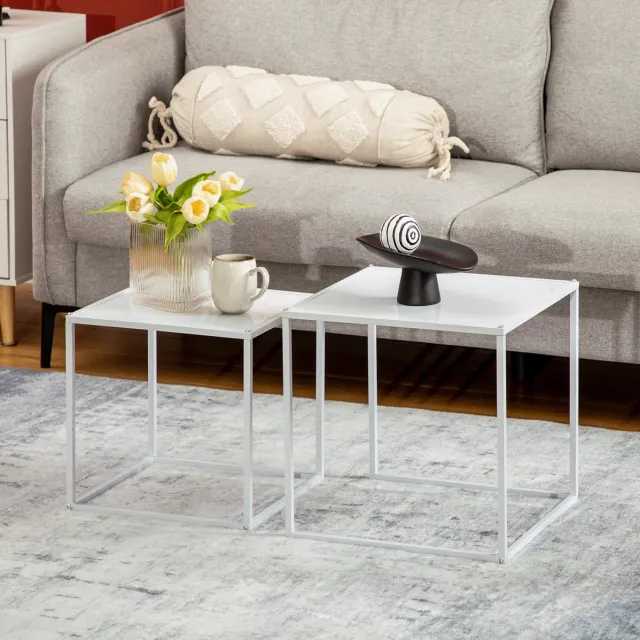 MEUNIQ Set van 2 witte vierkante bijzettafels met stalen frame, 40 x 40 x 40 cm, modern design voor woonkamer en naast de bank White