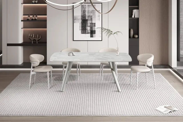 Rousseau Orion Eettafel – 160 x 90 cm – Beige Stenen Blad – Beige Metalen Onderstel – Afgeronde Hoeken Grijs