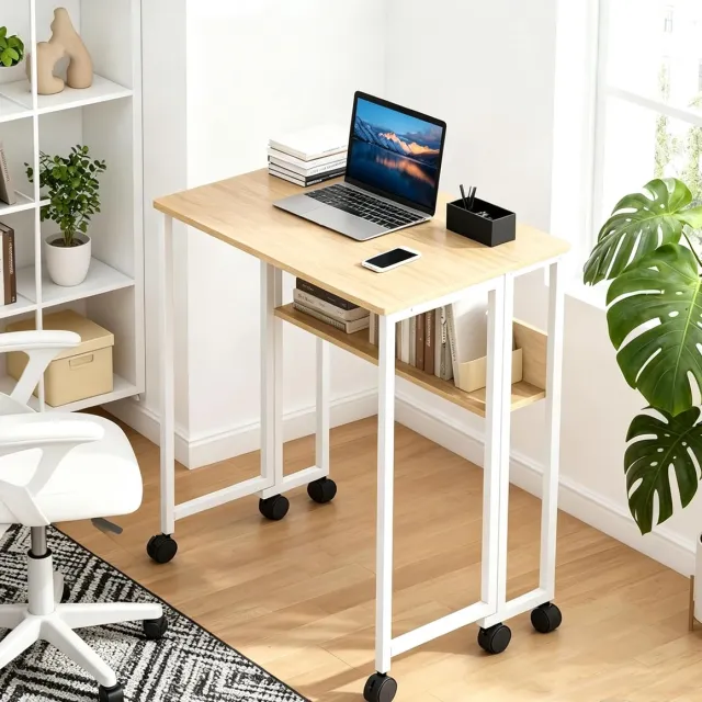 Danky Inklapbaar Bureau op Wielen - Compact & Ruimtebesparend - Met Opbergplank - Vergrendelbare Zwenkwielen - Naturel