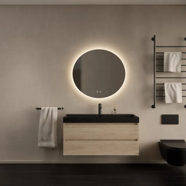 Gliss Design Badkamermeubelset Gliss Design Milan Met Lako Mat Zwarte Wastafel 100 cm Kastanje Eiken