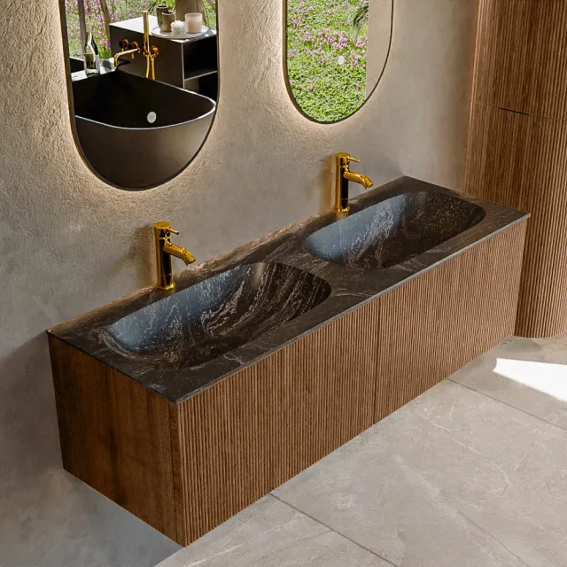 Mondiaz KURVE-DLUX 140 cm Onderkast Greeploos 2 Lades Zonder Deuren Walnut, Wastafel Solid Surface Dubbel Lava 2 Kraangaten Zonder Spiegel (KRVSTS1402L0D2KD-Wal/Lav)