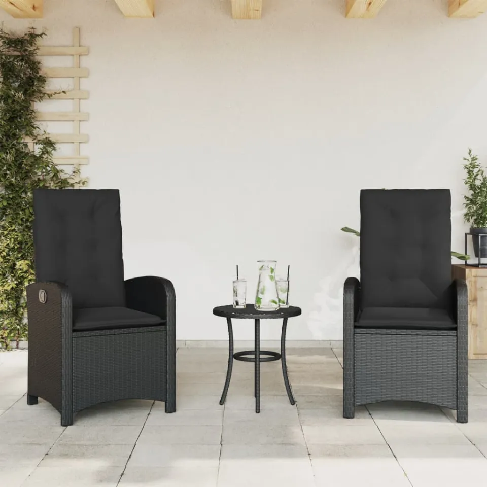 vidaXL 3-delige Bistroset met kussens poly rattan zwart, foto 2
