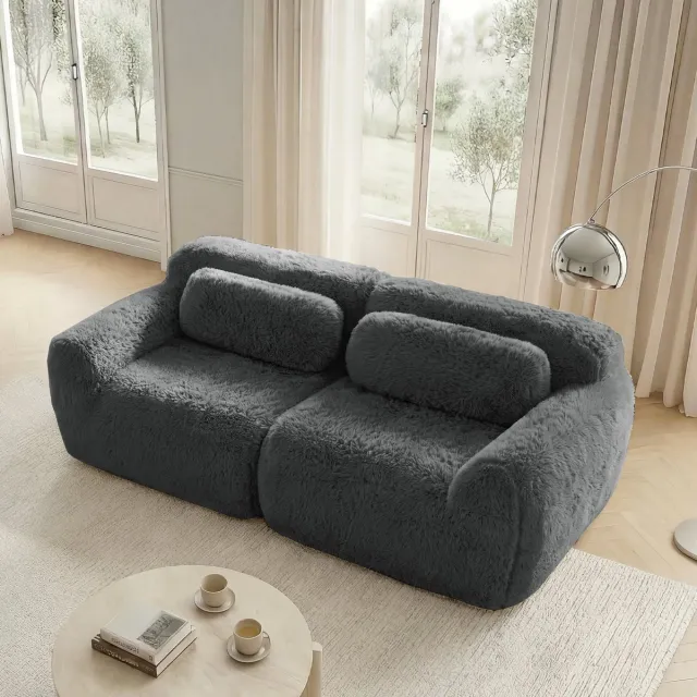 REDOM 2-Zits Bank – Modulaire Loungebank van Pluche Stof met Verbindbare Ottoman – Zachte Bank voor Woonkamer – Antislip Basis – Grijs – 204 x 104 x 73 cm