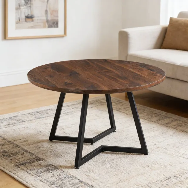 MEUNIQ ronde eettafel 110 cm MDF tafelblad met metalen onderstel, vaste hoogte 75 cm, eetkamertafel in walnootkleur voor volwassenen Walnut