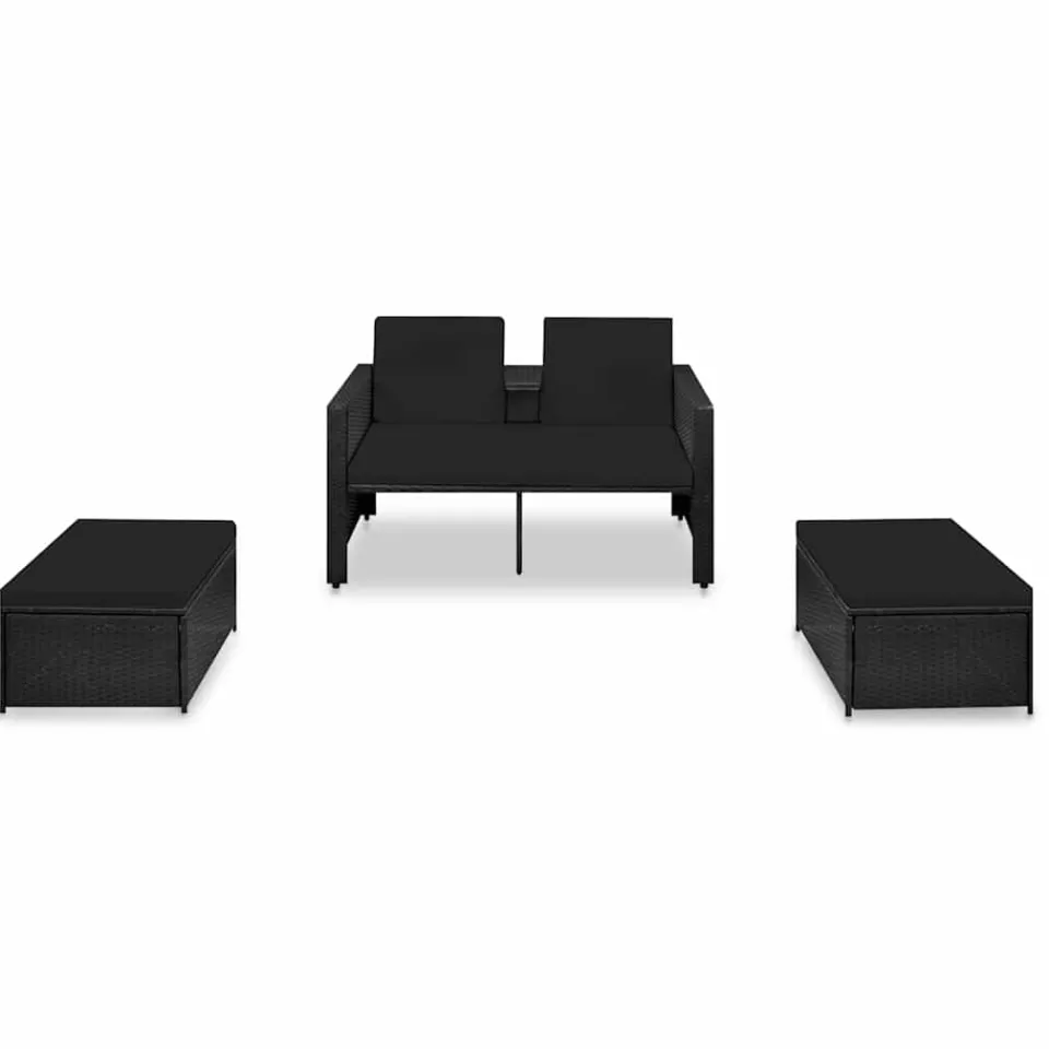 vidaXL 3-delige Loungeset met kussens poly rattan zwart, foto 3