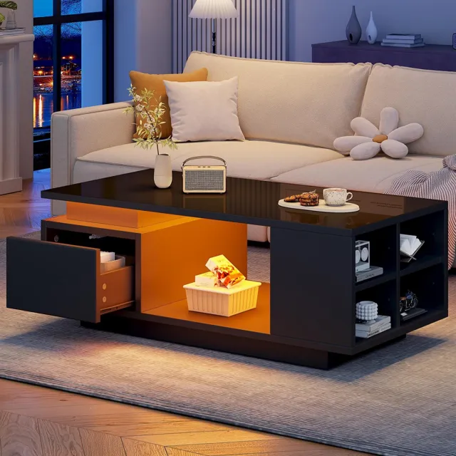 KOMHTOM BLACKCOLORS 100*50*36 cm Salontafel, salontafel met lade, glanzende LED-bijzettafel, banktafel, salontafel met vier opbergvakken aan de zijkant en een opengewerkt ontwerp in het midden. Zwart