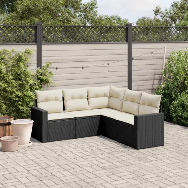 vidaXL 5-delige Loungeset met kussens poly rattan zwart, foto 2