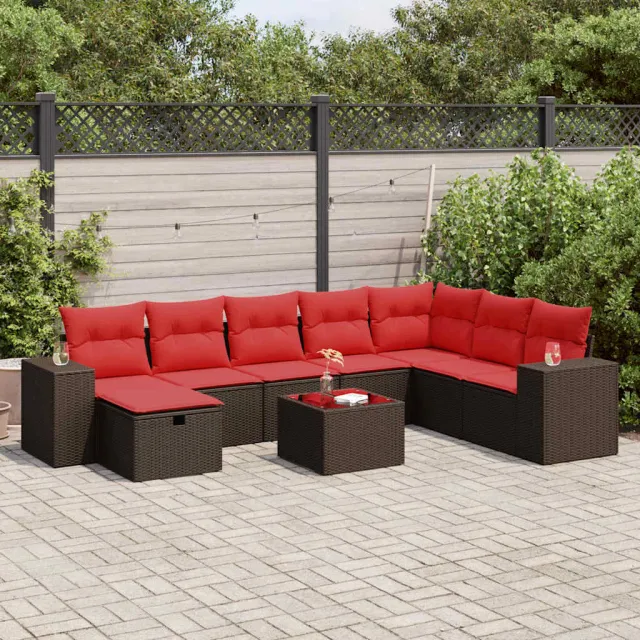 vidaXL 9-delige Loungeset met kussens poly rattan bruin, foto 2