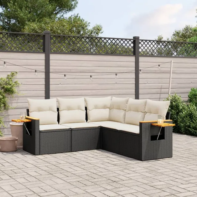 vidaXL 5-delige Loungeset met kussens poly rattan zwart, foto 2
