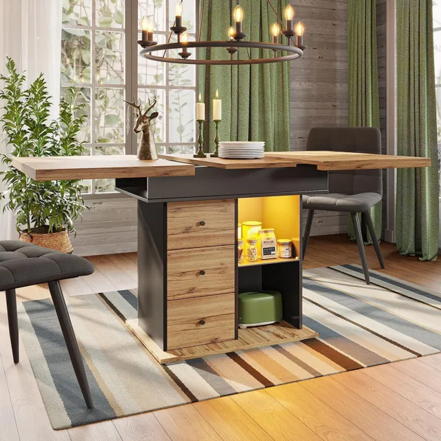 KOMHTOM BLACKCOLORS Uitschuifbare Eettafel - Opklapbare Keukentafel voor 4 tot 6 Personenen - Ruimtebesparende Tafel - Uitschuifbaar Formaat 110-140x80 cm - Met LED-verlichting - Geschikt voor Keuken en Woonkamer Zwart, naturel