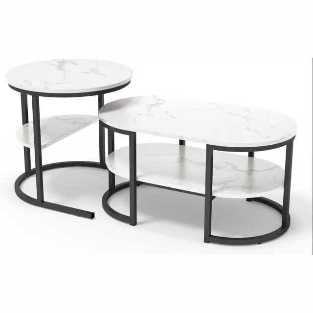 Atlasyx salontafel - Bijzettafel - Bijzettafeltjes woonkamer - Met lade - Rond - 80 x 46 x 41 cm - 2-delige Set - Marmerlook/Zwart Marmerlook met zwart frame