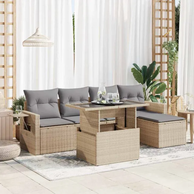 vidaXL 6-delige Loungeset met kussens poly rattan beige, foto 2