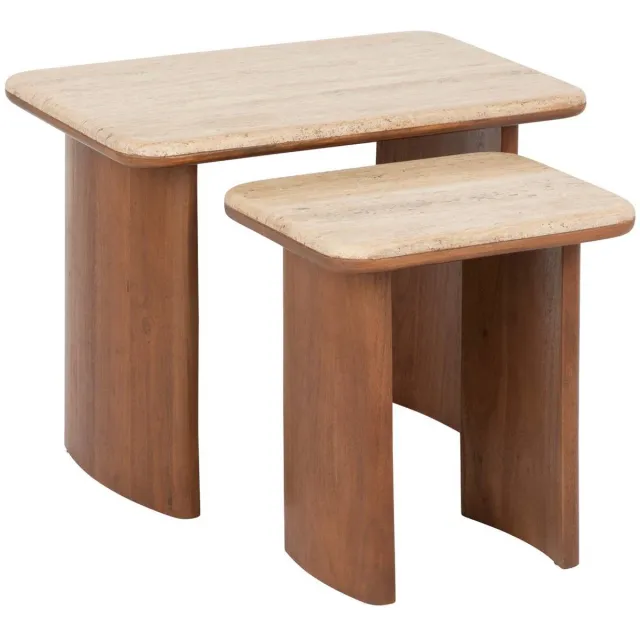 Atmosphera Créateur d'intérieur® Set van 2 in elkaar schuifbare salontafels van massief acaciahout met travertin-blad JIVAN Marron