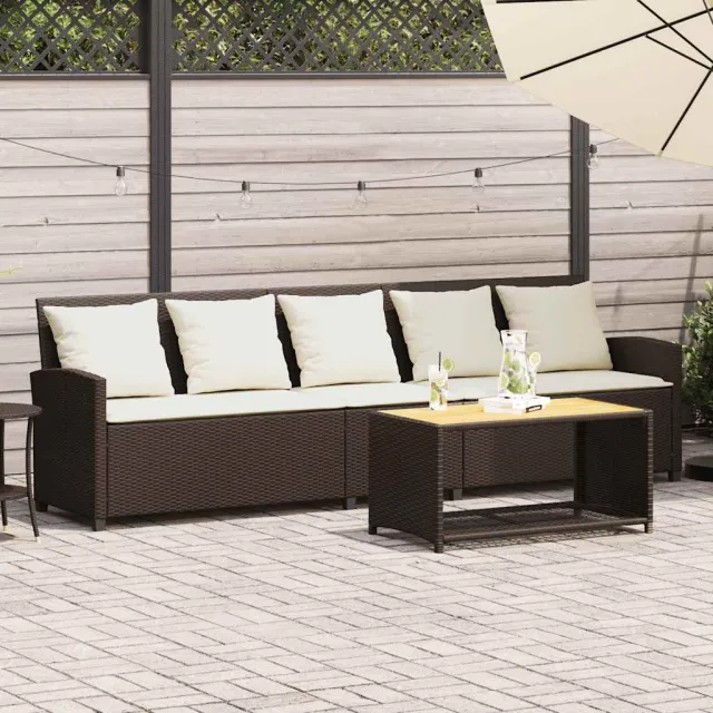 vidaXL Tuinbank 5-zits met kussens poly rattan bruin