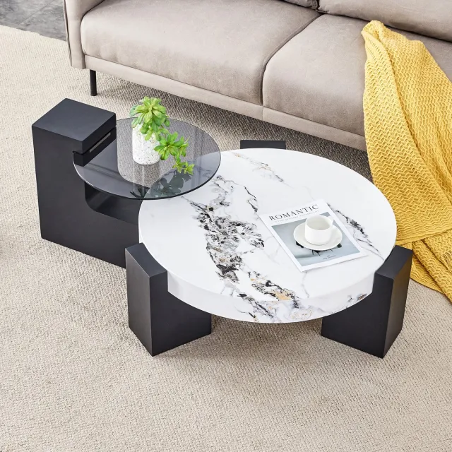 FloraGrace Bijzettafelset - Ronde Nesttafels Met Marmerlook En Glas - Voor Woonkamer En Slaapkamer - MDF - Wit Zwart