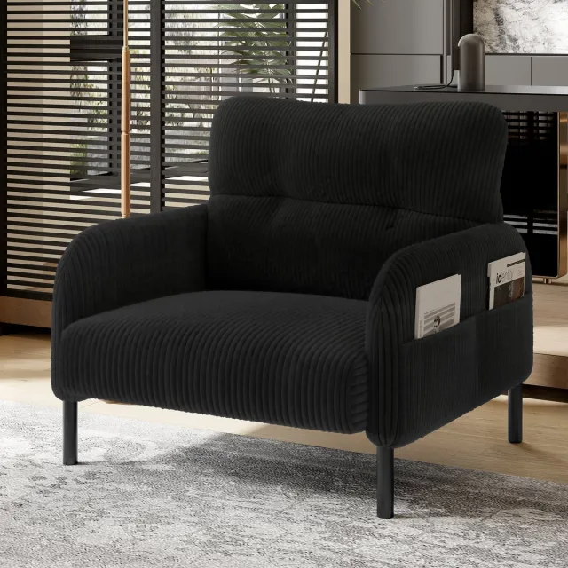 COVREO Fauteuil 67 x 75 x 79 cm - zwart, cordstof, met zijvakken en metalen frame