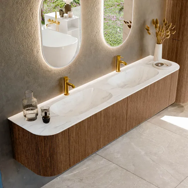 Mondiaz KURVE-DLUX 200 cm Onderkast Greeploos 2 Lades Met Deuren Walnut, Wastafel Solid Surface Dubbel Ostra 2 Kraangaten Zonder Spiegel (KRVSTS200L+R2L2D2KD-Wal/Ost)
