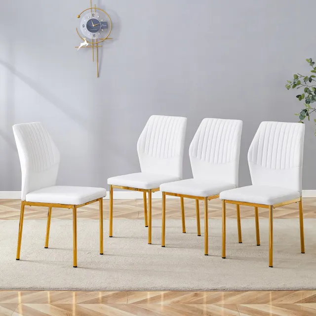 DESMIU Eetkamerstoel 93 Cm - Set Van 4 - Wit Pu Leer Met Goud Metalen Poten En Verticaal Gestreepte Rugleuning - Voor Eetkamer En Woonkamer White