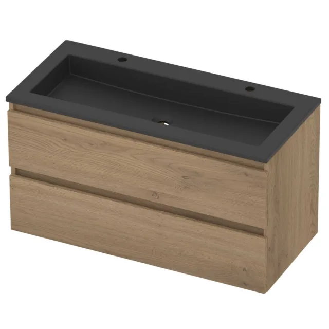Basic-Line Aura 46 Badmeubelset Acryl 2 Kraangaten Greeploos 100x46x54 cm Pure Oak Mat Zwart
