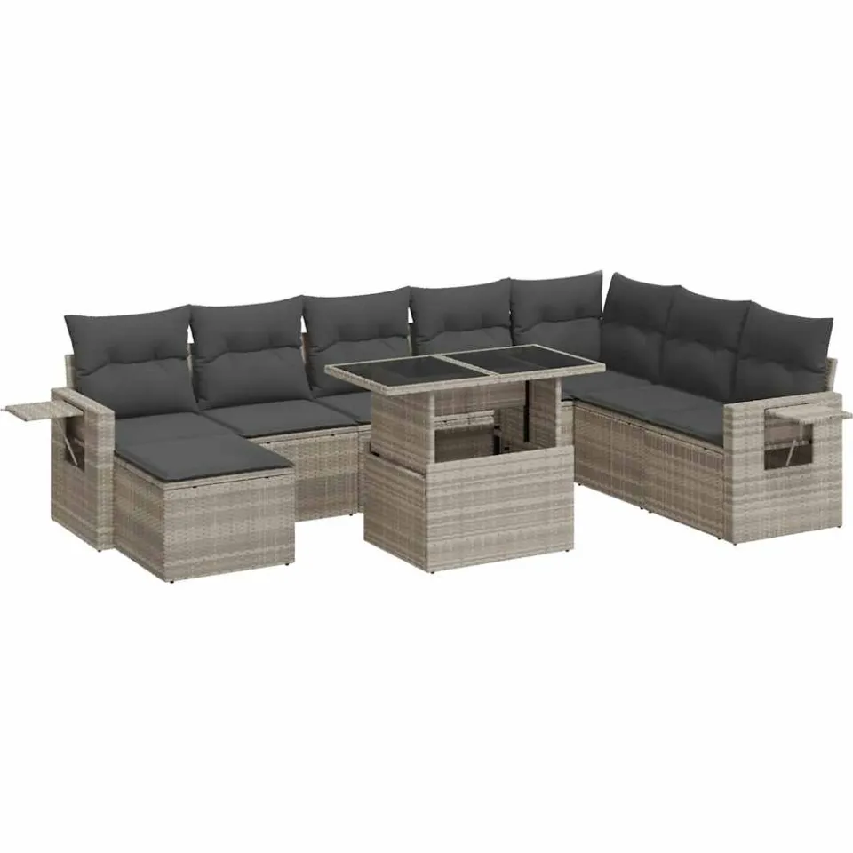 vidaXL 9-delige Loungeset met kussens poly rattan lichtgrijs grijs, foto 3