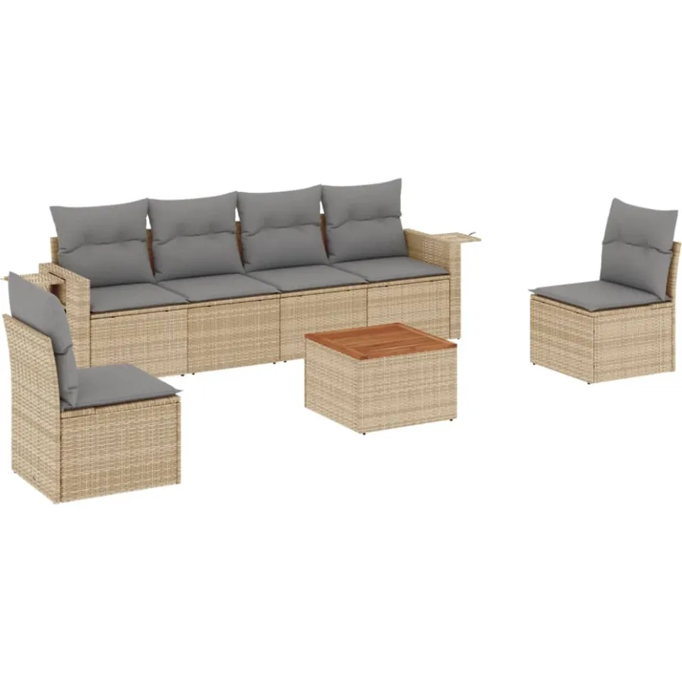 vidaXL 7-delige Loungeset met kussens poly rattan gemengd beige, foto 3