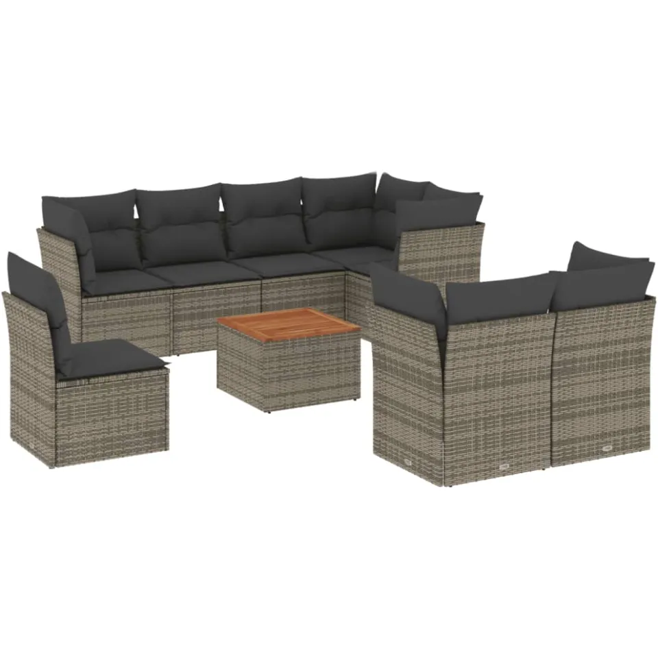 vidaXL 9-delige Loungeset met kussens poly rattan grijs, foto 4