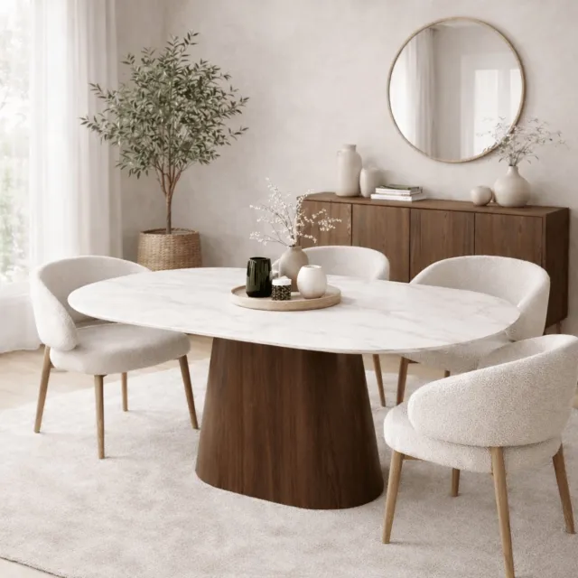 Dimehouse Deens ovale eettafel Lea sintered stone wit marmerlook walnoot 180x90 cm - Marmer - Japandi - Deens ovaal