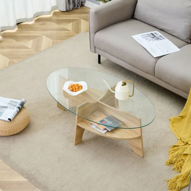 MODENUIT Salontafel - Ovale Glazen Tafel Met Onderplank - Voor Woonkamer - MDF En Transparant Glas - 104,9x60 Cm Hout