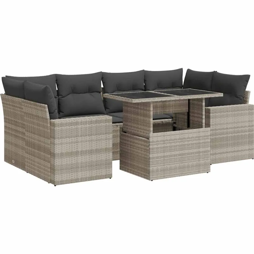 vidaXL 7-delige Loungeset met kussens poly rattan lichtgrijs grijs, foto 3