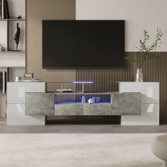 COVREO TV-meubel 200 x 35 x 60 cm - hoogglans wit en grijs, LED-verlichting White