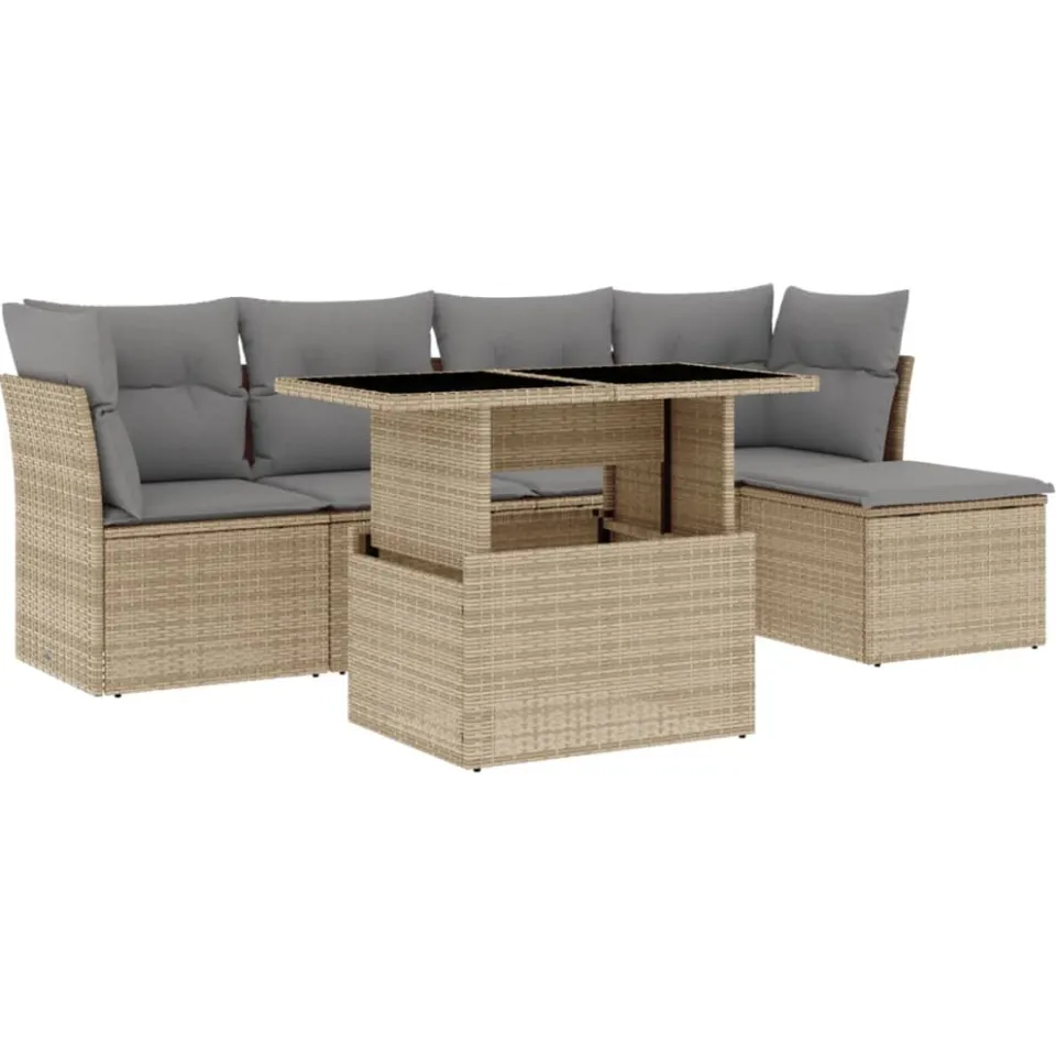 vidaXL 6-delige Loungeset met kussens poly rattan beige