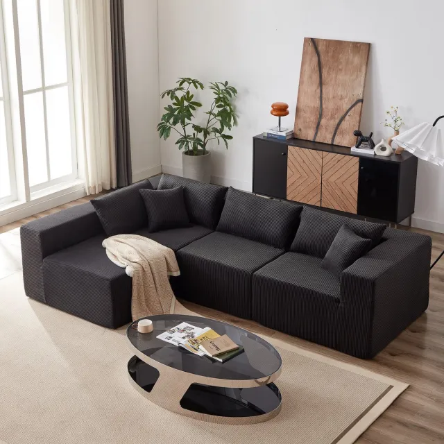 PHOEBE CAT Hoekbank - 4 zitsbank - Modulaire set - Corduroy - Gestoffeerde meubels - Schuimvulling - Zwart