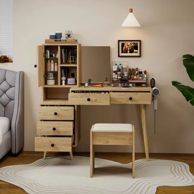 Zubaliya Kaptafel in Scandinavische stijl - Deze kaptafel is voorzien van een spiegel en opbergruimte, waaronder 5 lades, een bijzettafel en een krukje. BIENWEI SAS