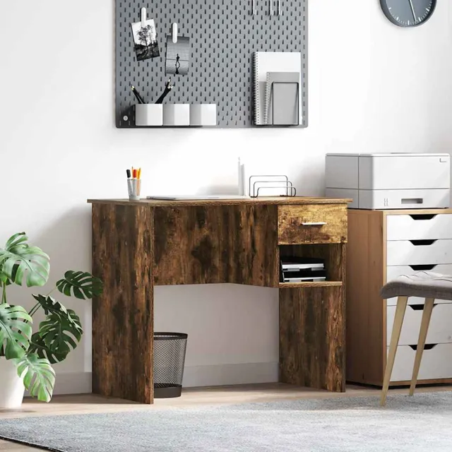 vidaXL Bureau Gerookt eiken 90 x 49 x 75 cm Bewerkt hout, foto 2
