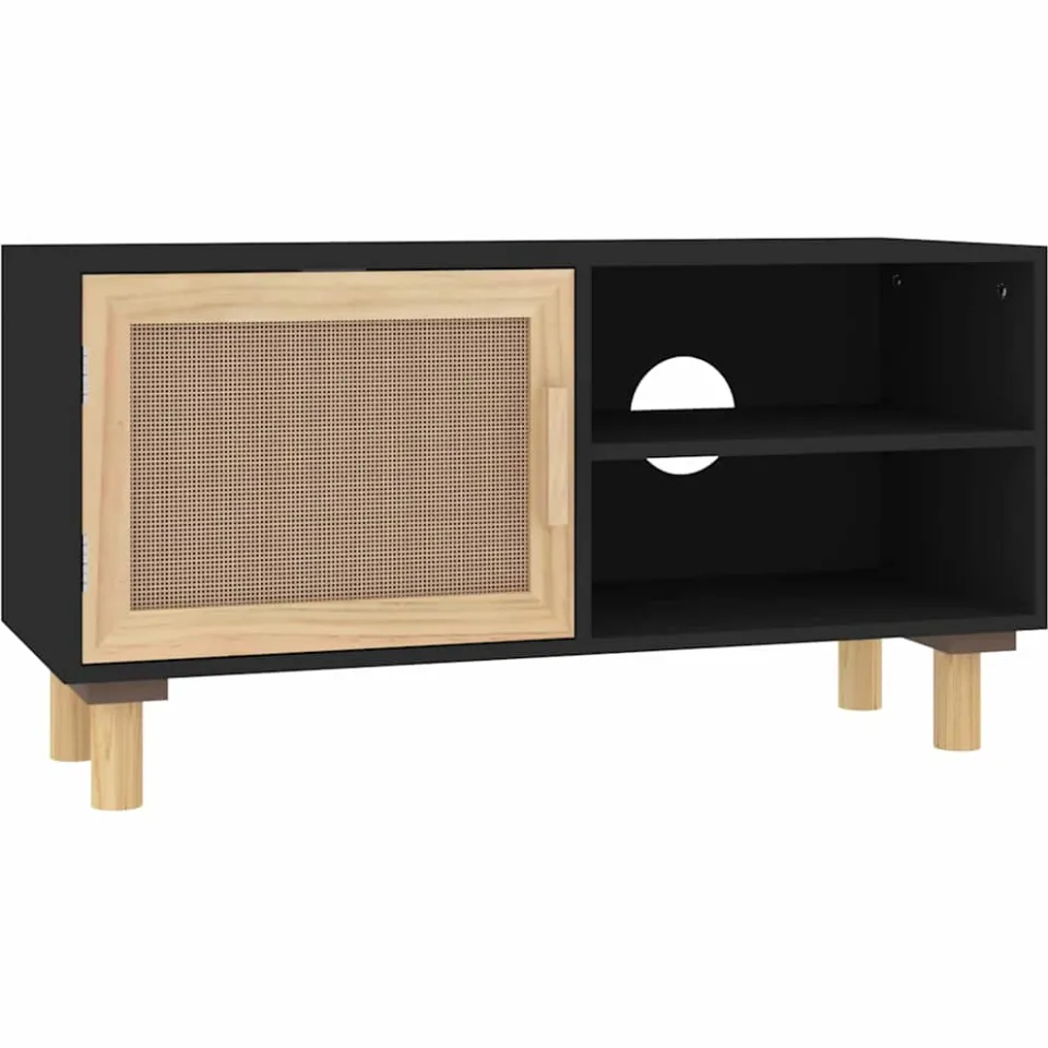 vidaXL Tv-meubel 80x30x40 cm massief grenenhout en rattan zwart, foto 3