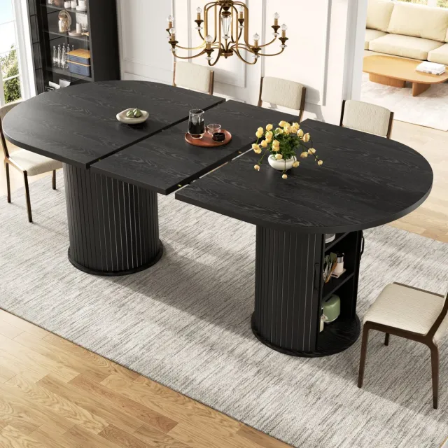 MODENUIT Eettafel - Uitschuifbaar Met Opbergruimte - Woonkamer En Eetkamer - MDF En Metaal - Zwart - 150-190 Cm