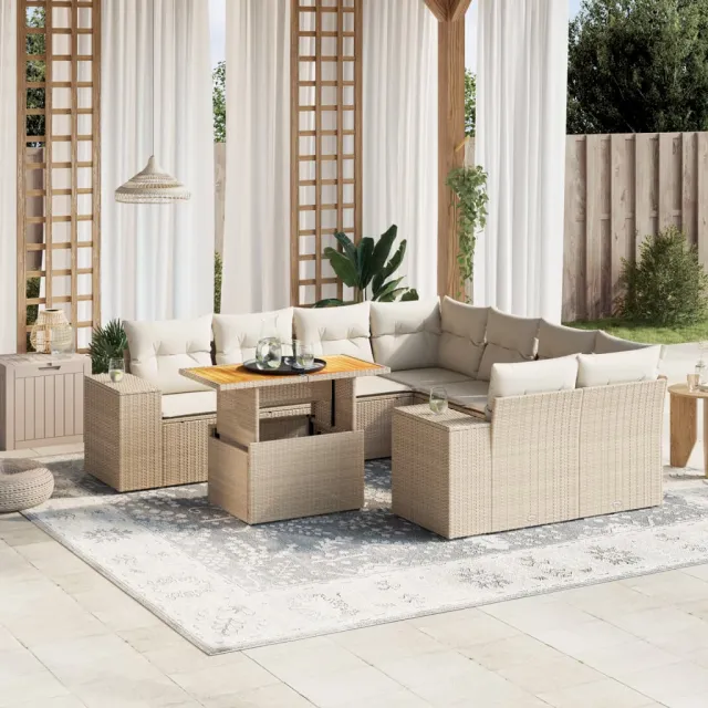 vidaXL 9-delige Loungeset met kussens poly rattan beige, foto 2