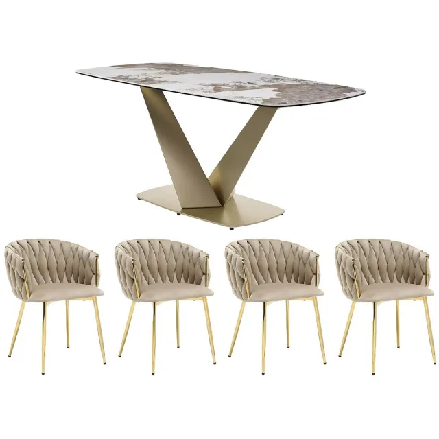 Vente-unique Set tafel PORELIMA + 4 stoelen ELEGANO - Wit marmereffect en beige Beige, Wit