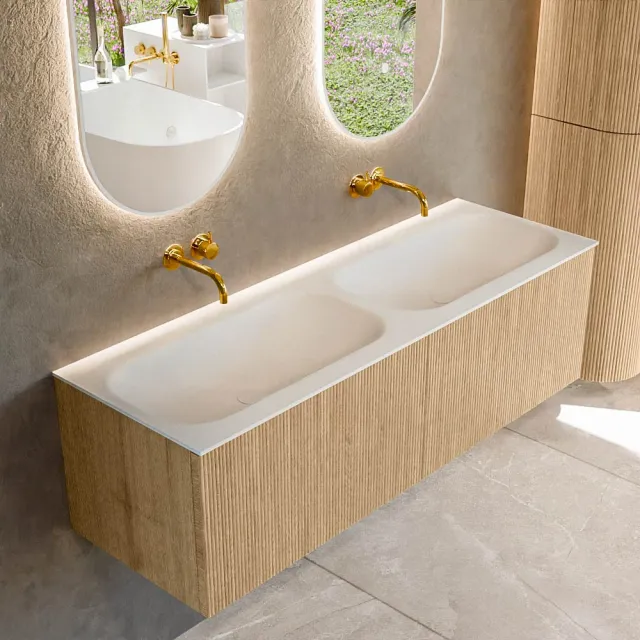 Mondiaz KURVE 140 cm Onderkast Greeploos 2 Lades Zonder Deuren Oak, Wastafel Solid Surface Dubbel Talc 0 Kraangaten Zonder Spiegel (KRVBGS1402L0D0KD-Oak/Tal)