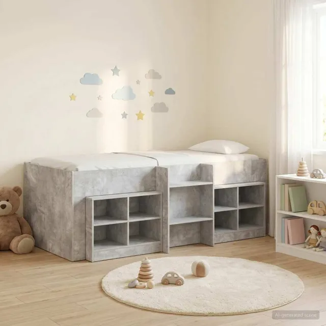 vidaXL Loft Bed Frame met Kast met plank 3 st Betongrijs Bewerkt hout