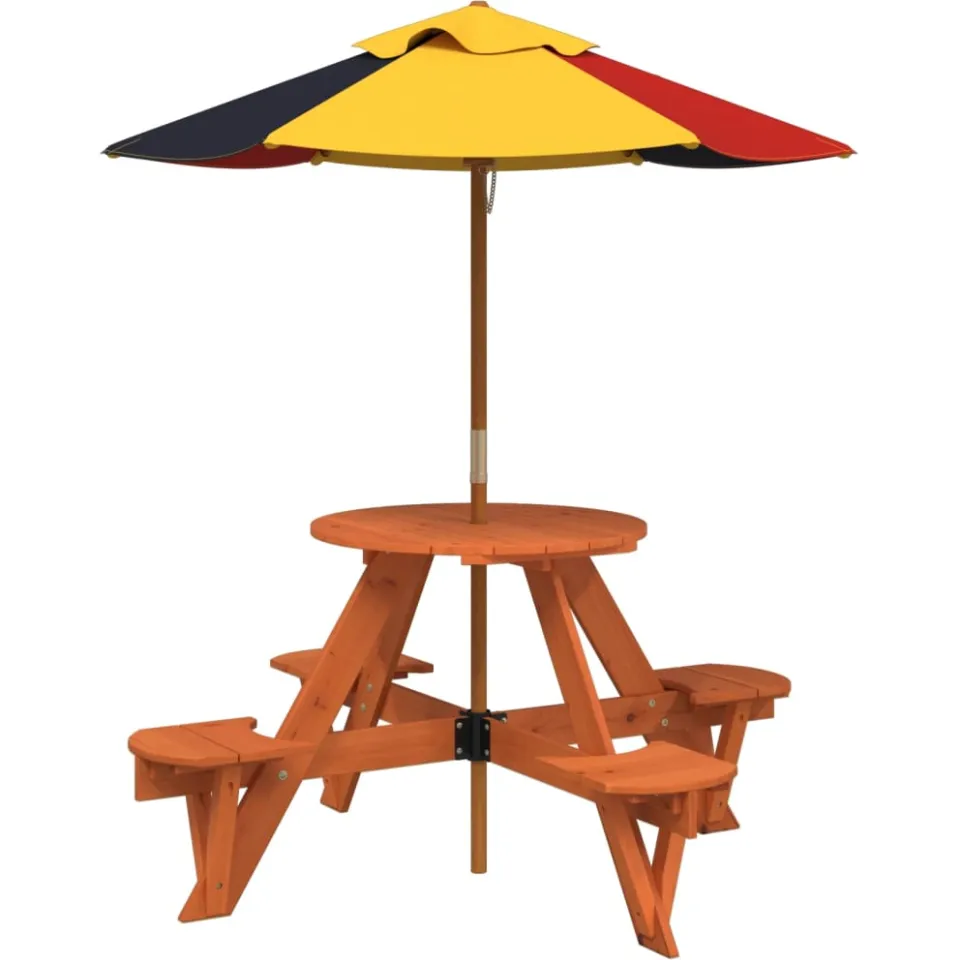 vidaXL Picknicktafel voor 4 kinderen met parasol rond vurenhout bruin, foto 3