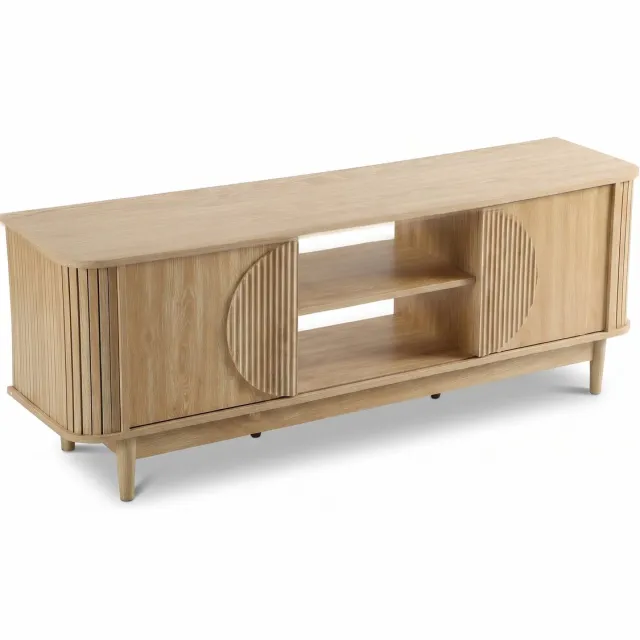 SensaHome Japandi TV Kast – TV-meubel met Geribbelde Schuifdeuren en Open Planken – 153x38x53 cm – Eiken