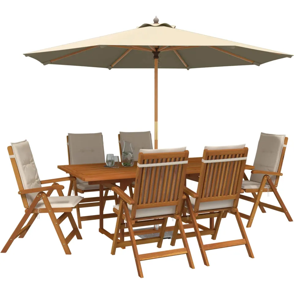 vidaXL Buiten Eetset met Parasol 8 st 6-zits Crèmewit
